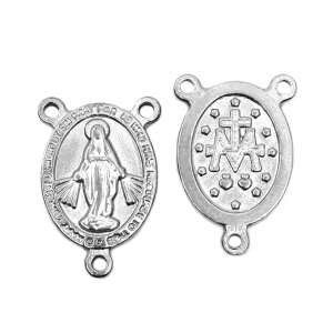 Nerezový mezičlánek se třemi očky - ovál s náboženským motivem - 20 x 14 x 2 mm