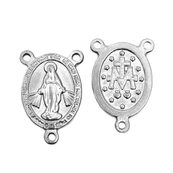 Nerezový mezičlánek se třemi očky - ovál s náboženským motivem - 20 x 14 x 2 mm