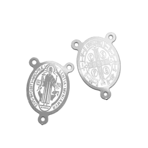 Nerezový mezičlánek se třemi očky - ovál s náboženským motivem - 21 x 15 x 0,5 mm