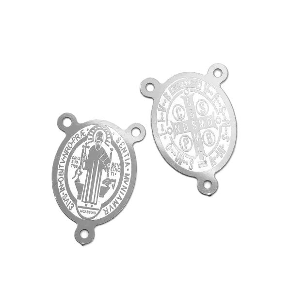 Nerezový mezičlánek se třemi očky - ovál s náboženským motivem - 21 x 15 x 0,5 mm