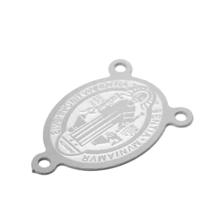 Nerezový mezičlánek se třemi očky - ovál s náboženským motivem - 21 x 15 x 0,5 mm