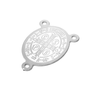 Nerezový mezičlánek se třemi očky - ovál s náboženským motivem - 21 x 15 x 0,5 mm