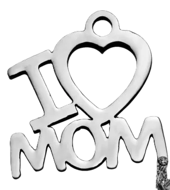 Přívěsek z nerezové ocele - nápis "I LOVE MOM" - 13,5 x 13 x 1 mm