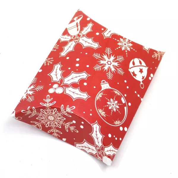 Papírová polštářková dárková krabička s vánočním vzorem - 9,1 x 6,3 x 2,6 cm