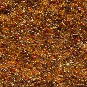 PRECIOSA mix rokajl 11/0-9/0 + čípky 2 - 5mm zlatý 50 g II. jakost