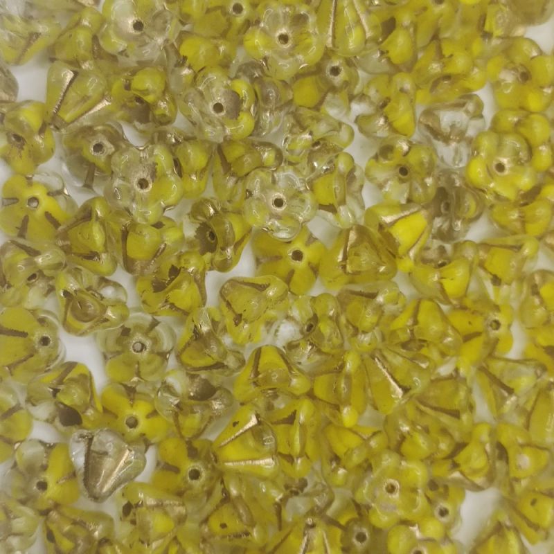 Korálky zvonečky 6x8 mm žluté se zlatým listrem