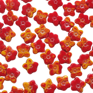 Ploškovaný korálek kytička 14 mm červená/žlutá