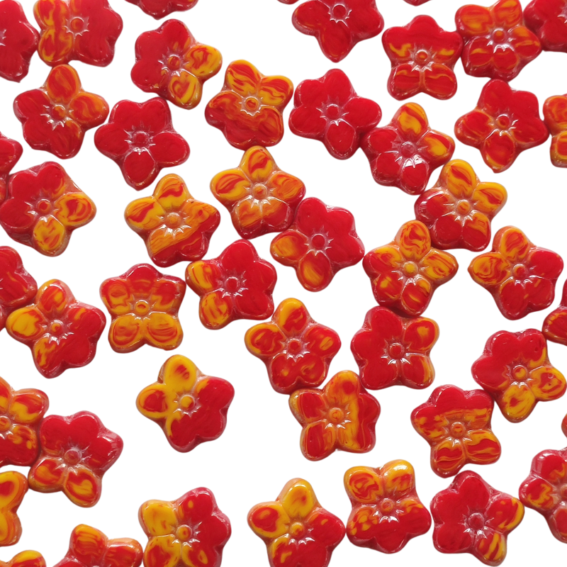 Ploškovaný korálek kytička 14 mm červená/žlutá